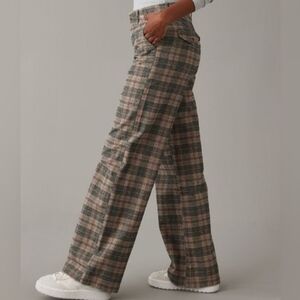 American Eagle Super High-Rise Baggy Wide Leg Plaid Print Brown Trouser Pants. 